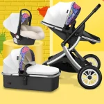 Poussette 3 en 1 avec bassinet inclinable siège auto et nacelle système de transport bébé universel moderne sécuritaire et durable