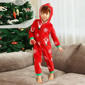 Pyjama Noel velours enfant imprimé mignon fermeture éclair capuche chaud hiver 2025 Rouge