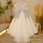 Robe princesse pour enfant robe de cérémonie tulle et paillettes blanc et argent occasion spéciale mariage anniversaire été fille 46 ans