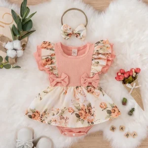 Robe d&rsquo;été pour bébé fille combinaison rayée avec nœud papillon en coton vêtements floraux pour nouveauné vêtements rampants pour bébé  Pink