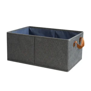 Boîte de rangement pliante en tissu non tissé poignées similicuir gris foncé et bleu marine 40x28x20cm organisation vêtements jouets cosmétiques épuré moderne