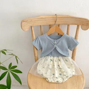 Ensemble bébé fille été coton floral tulle côtelé vêtements doux confortables 024 mois
