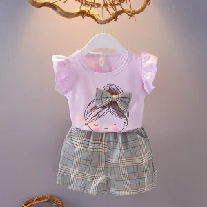 Ensemble vêtements fille été mode 2 pièces volants short coton polyester mignon enfant fille 46 ans style ludique Ensemble vêtements fille été mode 2 pièces volants short coton polyester mignon enfant fille 46 ans style ludique