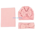 Ensemble Baby Swaddle 3 pièces Bébé Doux Confort Rose Pale Bonnet Bandaue Couverture Élastique Newborn 03 Mois