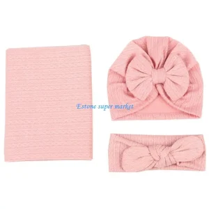 Ensemble Baby Swaddle 3 pièces Bébé Doux Confort Rose Pale Bonnet Bandaue Couverture Élastique Newborn 03 Mois