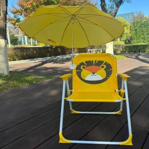 Chaise pliante pour enfants avec parasol intégré design lion plage piquenique outdoor compact portable sécurité qualité style enfantin