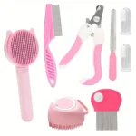 Kit de toilettage pour animaux de compagnie, coupe-ongles avec peigne à puces et brosse démêlante, pour chiens et chats, outils de toilettage, 8 pièces – Pink suit