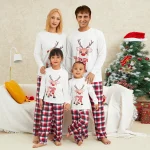 Pyjama de Noël assorti pour la famille haut à manches longues imprimé wapiti pantalon à carreaux élastique vêtements de nuit cosy et confortables
