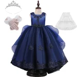 Robe de Soirée pour Fille Longueur au Sol Traîne Dark Blue Tulle et Satin Accessoires Inclus Occasion Formelle Mariage Spectacle Demoiselle d&rsquo;Honneur 312 Ans