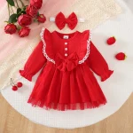 Robe de soirée pour bébé fille en coton côtelé et tulle style romantique manches longues taille ajustée accessoires assortis 06 mois