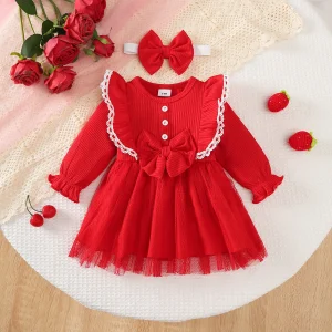 Robe de soirée pour bébé fille en coton côtelé et tulle style romantique manches longues taille ajustée accessoires assortis 06 mois