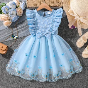 Robe de princesse pour filles de 4 à 7 ans, col rond, manches à ailes, nœud papillon, imprimé Floral, broderie, vêtements d’été doux pour fête d’anniversaire – Blue Robe de princesse pour filles de 4 à 7 ans, col rond, manches à ailes, nœud papillon, imprimé Floral, broderie, vêtements d’été doux pour fête d’anniversaire – Blue