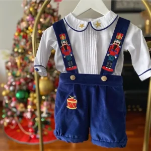 Ensemble bébé garçon 06 ans automne hiver style vintage salopette bleu marine chemise blanche motifs brodés Noël Eid Usage familial