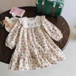 Robe vintage florale pour filles coton doux manches longues volants style romantique automne printemps beige