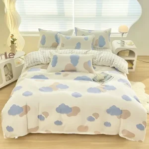 Ensemble housse de couette motif nuages literie douce et respirante 150x200cm couleurs pastel housses d&rsquo;oreillers assorties confortable pour chambre enfant ou décoration cosy