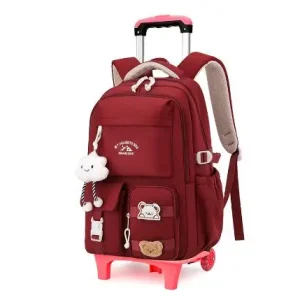 Sac à roulettes pour filles cartable scolaire en tissu Oxford poignée rétractable peluches décoratives idéal école primaire ou voyage style moderne et ludique