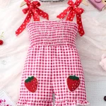 Combinaison d&rsquo;été fille motif fraise à carreaux ajustables bretelles doux coton frais style ludique robe été enfant