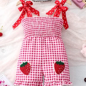 Combinaison d’été fille motif fraise à carreaux ajustables bretelles doux coton frais style ludique robe été enfant Combinaison d’été fille motif fraise à carreaux ajustables bretelles doux coton frais style ludique robe été enfant