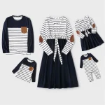 PatPat famille correspondant tenues Couple mosaïque contraste rayé à manches longues femmes robes et T-shirts ensembles de vêtements de famille – Dark Blue-white