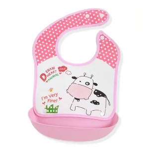 Bavoir imperméable pour bébé design vache amusant bavoir en EVA souple fermeture à pression pour 01 ans rose et blanc collection Dream Heart Animal