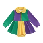 Robe barboteuse pour bébé fille col de poupée automne patchwork manches longues fermeture éclair combinaison