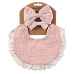 Ensemble bébé mousseline coton bambou 3 pièces bavoir dentelle rose garçon fille naissance photo accessoire confort