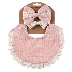 Ensemble bébé mousseline coton bambou 3 pièces bavoir dentelle rose garçon fille naissance photo accessoire confort