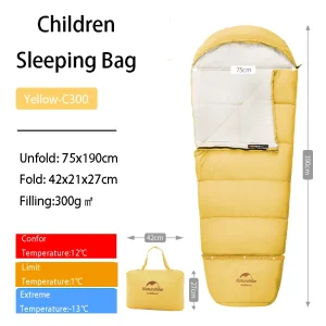 Sac de Couchage Ultra Léger pour Enfant Naturehike Coton Jaune Camping Voyage 3 Saisons Sac de Transport Inclus Doux et Pratique