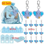 Ensemble porteclés éléphant 30 pièces souvenirs bébé cadeaux fête anniversaire mariage baptême baby shower sacs organza bleu étiquettes remerciement cadeaux fête enfants