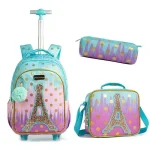 Set sac à dos école 3 en 1 sirène trousse sac déjeuner sac à roulettes polyester design moderne enfants filles garçons style sirène Paris Eiffel Tower