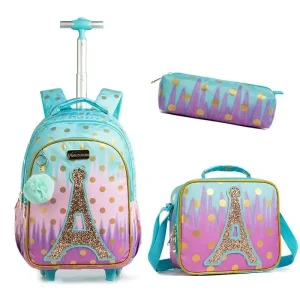Set sac à dos école 3 en 1 sirène trousse sac déjeuner sac à roulettes polyester design moderne enfants filles garçons style sirène Paris Eiffel Tower