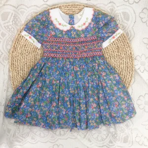 Robe smockée en coton pur pour filles motif floral style princesse robe d&rsquo;été 35 ans douce et respirante