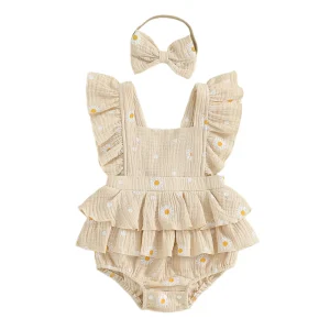 Ensemble robe barboteuse bébé fille 024 mois imprimé marguerite coton doux col carré robe sans manches avec bandeau à nœud Ensemble robe barboteuse bébé fille 024 mois imprimé marguerite coton doux col carré robe sans manches avec bandeau à nœud