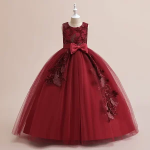 Robe de soirée en dentelle sequins pour filles robe princesse mariage anniversaire rouge bordeaux Robe de soirée en dentelle sequins pour filles robe princesse mariage anniversaire rouge bordeaux