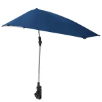 Parasol portable à pince universelle ajustable en hauteur pour chaise de plage fauteuil roulant poussette couleur bleu marin design minimaliste matériaux résistants