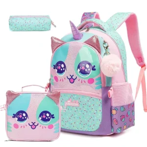 Sac à dos école filles JASMINSTAR accessoire scolaire mignon avec boîte à déjeuner style licorne et oreilles de chat idéal pour écolières