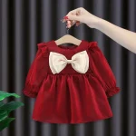 Robe princesse maille coton manches longues bouffantes bébé fille costume mignon printemps automne 2024  Rouge