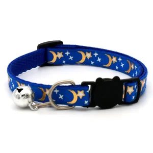 Collier pour chat avec cloche motifs lune étoiles bleu vif ajustable confortable sécurité style ludique accessoire chaton adulte
