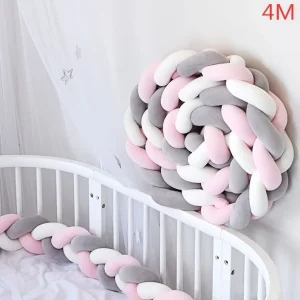 Parechocs lit bébé en tissu tressé 4m rose gris blanc protection lit de bébé moderne doux et sécurisant décoration chambre bébé
