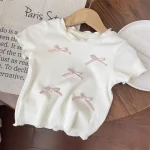 Tshirt enfant princesse floral manches courtes col rond nœuds satin rose Princess style bébé fille cadeau naissance vêtement été doux confortable