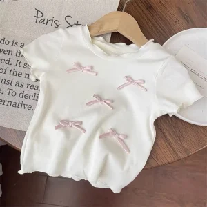 Tshirt enfant princesse floral manches courtes col rond nœuds satin rose Princess style bébé fille cadeau naissance vêtement été doux confortable