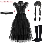 Robe princesse avec ceinture perruque et chaussettes costume gothique cosplay enfant fille robe longue noire accessoires déguisement anniversaire carnaval 4 pièces