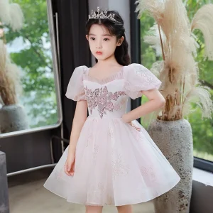 Robe de cérémonie pour fille à fleurs tenue élégante pour mariage anniversaire baptême style romantique en tulle et organza couleur rose pâle Robe de cérémonie pour fille à fleurs tenue élégante pour mariage anniversaire baptême style romantique en tulle et organza couleur rose pâle