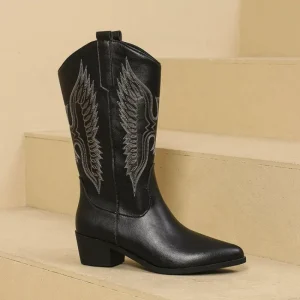 Bottes de Cowboy occidentales brodées ailes stylisées mimollet talon épais vintage noires collection 2025 femmes mode élégance