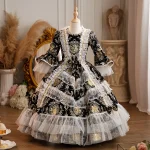 Robe princesse victorienne pour enfants style rococo manches longues fêtes 18ème siècle fille noire doré