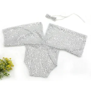 Maillot de bain sequins argenté femmes bretelles ajustables plage piscine soirée festive style glamour matériau élastique taille standard accessoire nœud