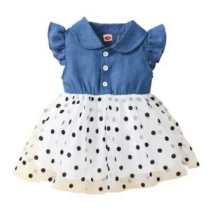 Robe princesse fille denim tulle pois blanc bleu manches courtes robe anniversaire enfant 46 ans robe de fête élégante confortable