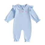 Combinaison bébé fille à manches longues col classique fronces imprimé nœud rose tissu doux et léger tenue quotidienne