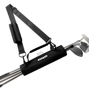 Porteclubs de golf compact et portable en polyester noir design moderne bandoulière ajustable six tees inclus sac de transport pratique Porteclubs de golf compact et portable en polyester noir design moderne bandoulière ajustable six tees inclus sac de transport pratique