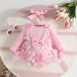 Robe bébé fille 018 mois barboteuse en maille ensembles robes avec appliques fleurs 3D nœud bandeau et tenue fête pour nouveauné